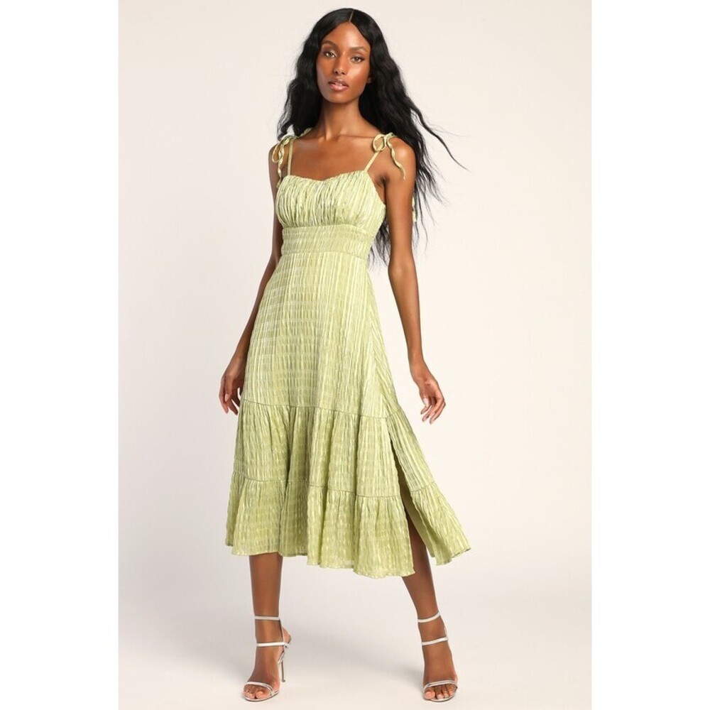 Lulus Sparkling Scene Green Metallic Striped Tie-strap Midi Dress - Size S